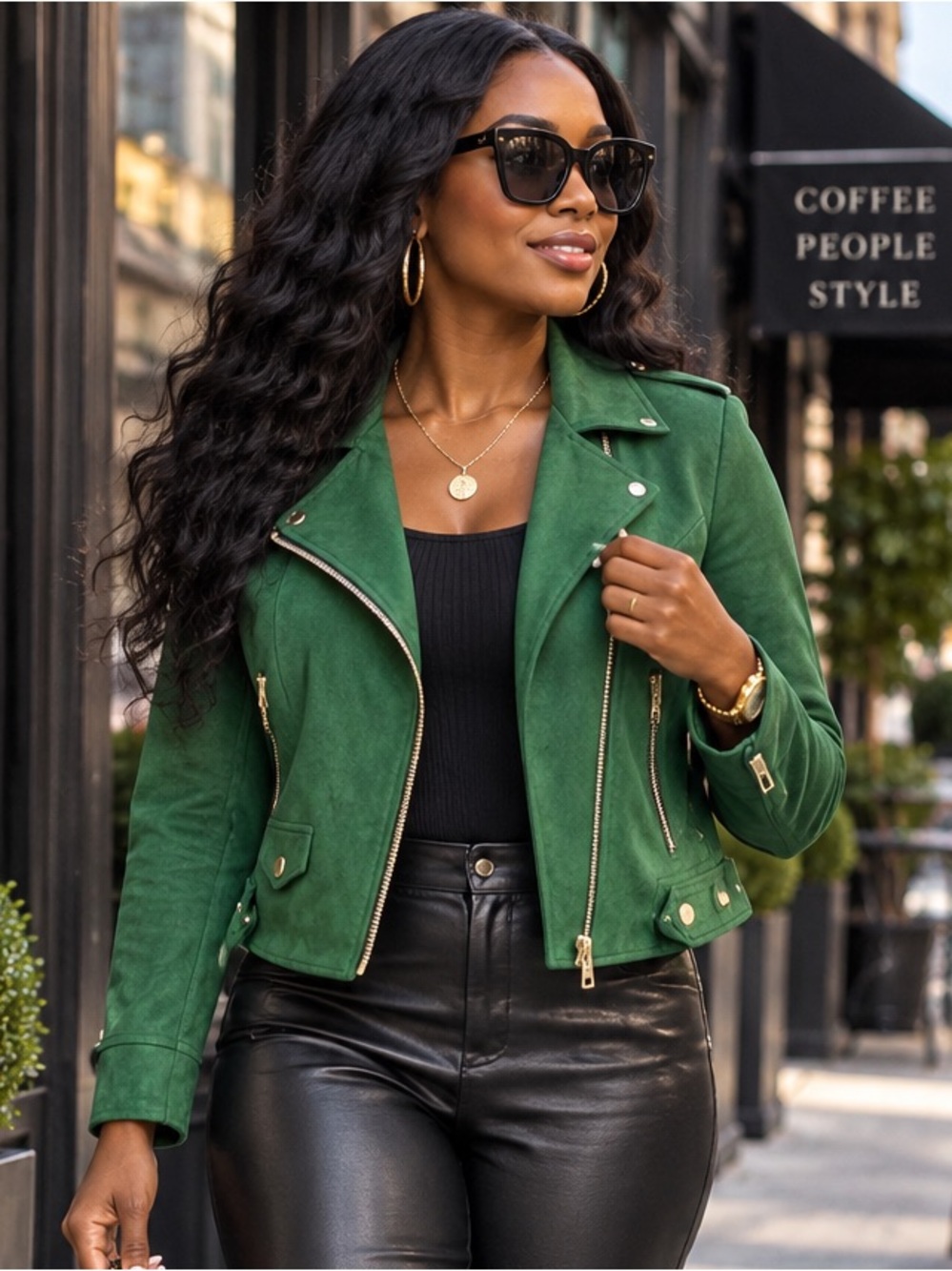 Loowie Green Faux Suede Moto Jacket Leopard Lined Zip Up Biker Style